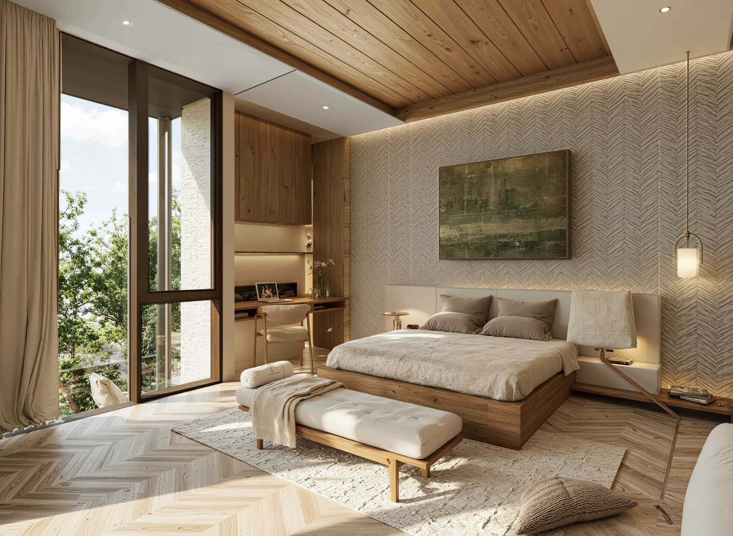 Azura Boutique Villas master bedroom with warm natural finishes