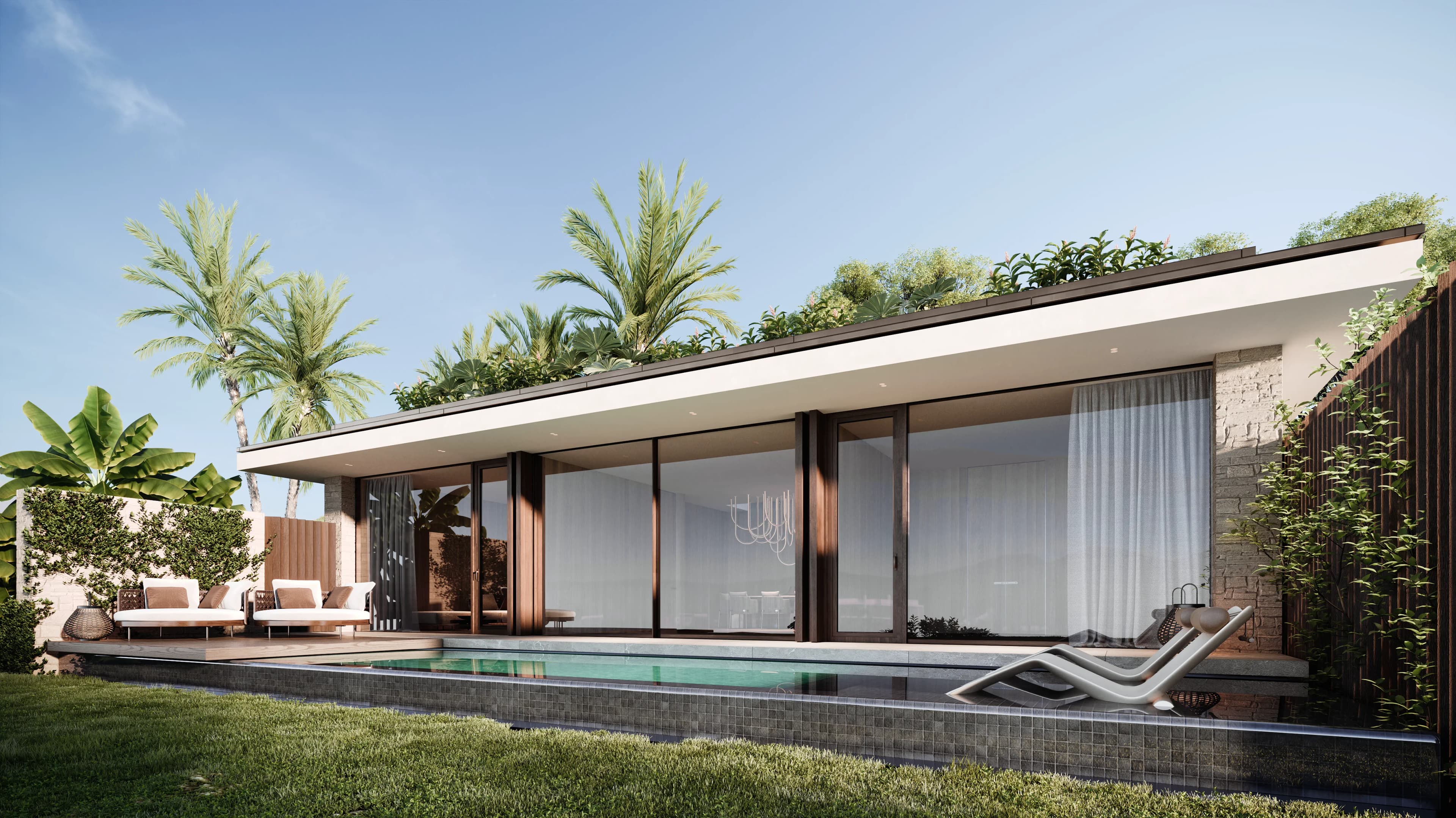 Contemporary OceaniQ villa exterior rendering with pool and tropical landscaping